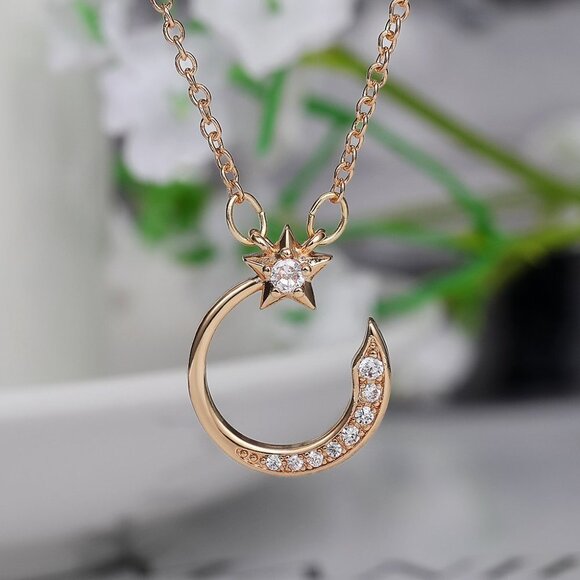 Crystal Shiny Micro Pave Moon Star Gold Trendy Necklace for Women, INDN8645 - Picture 3 of 5